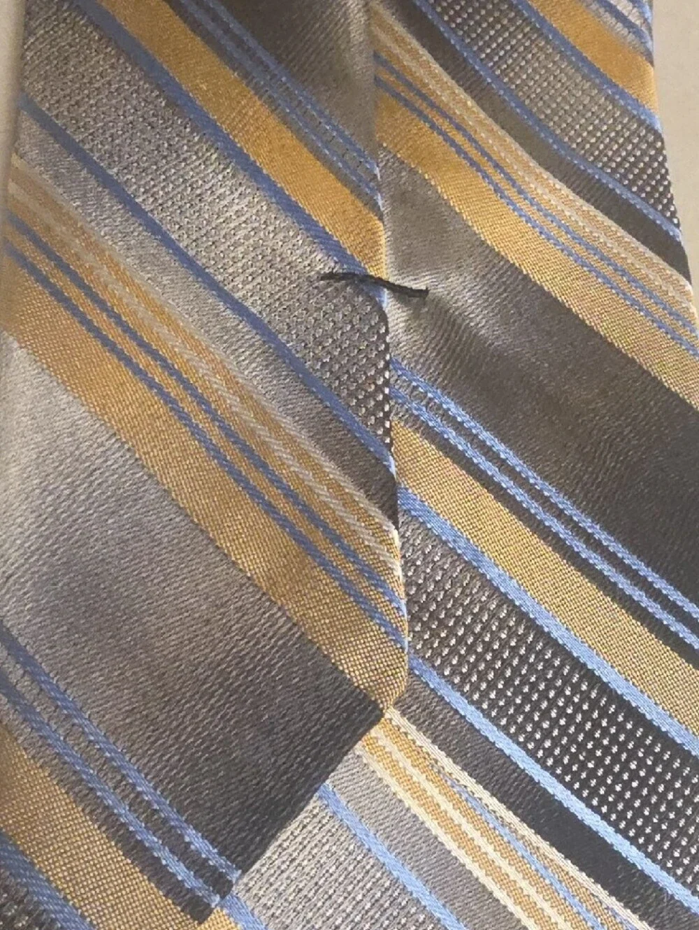 Pronto Uomo Silk Hand Made Gray Tie with Gold and Blue Stripes X Large 65 Inches